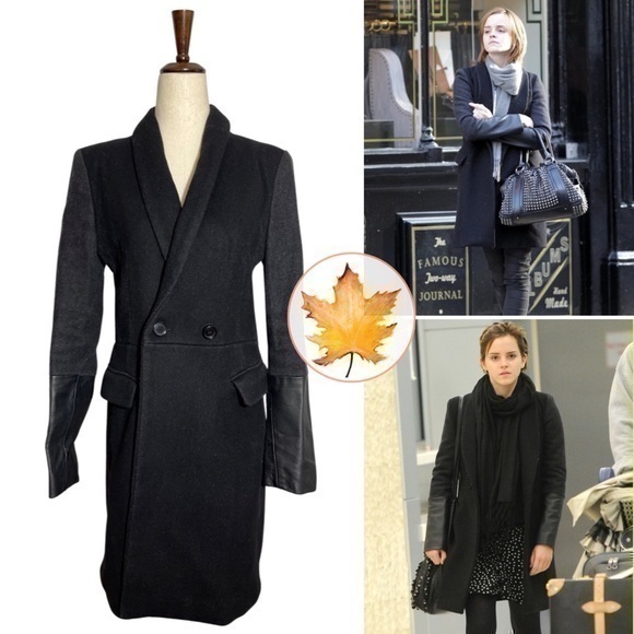Maje Horde Wool Blend  Leather Cuff Collared Jacket Coat 38 Aso Emma Watson